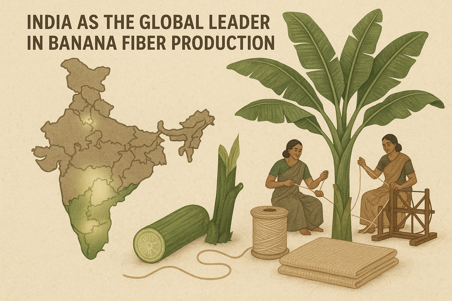 India leading banana fiber production, rural women spinning banana yarn, vibrant banana leaves in background, sustainable fabric industry visual