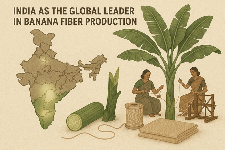 India leading banana fiber production, rural women spinning banana yarn, vibrant banana leaves in background, sustainable fabric industry visual