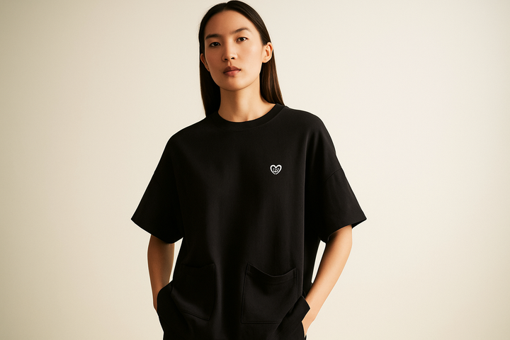 Oversized black unisex t-shirt with down pocket, made using sustainable fabric