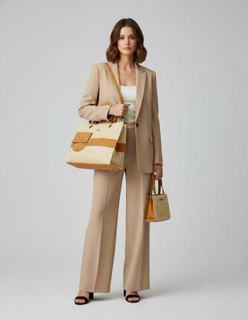 model wearing a tote bag made of sustainable material 