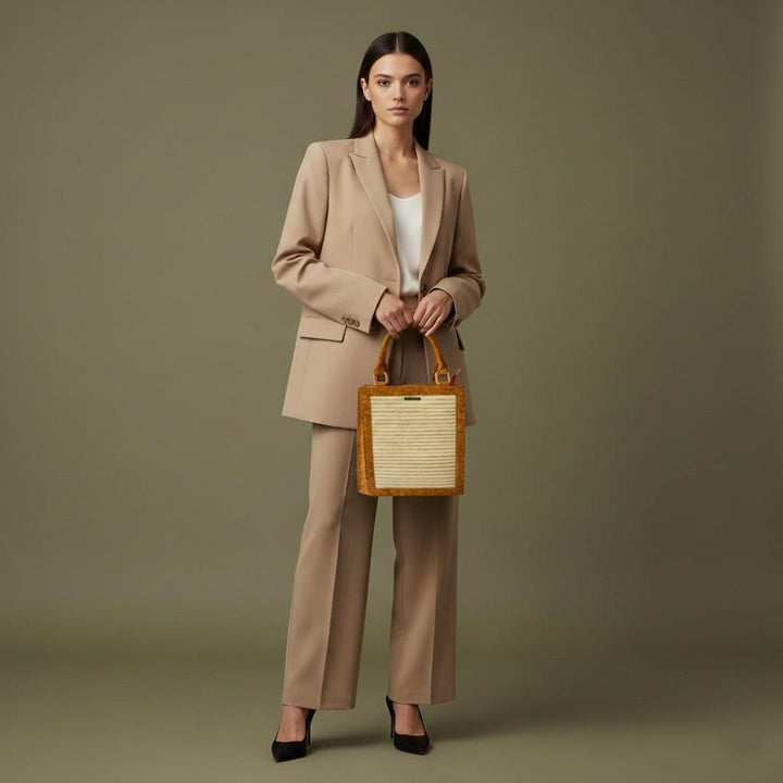 mode wearing a hand bag eco friendly bag