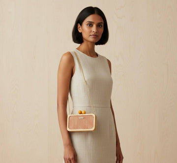 model is wearing a clutch bag made of eco friendly