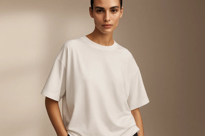 Oversized white unisex t-shirt made from sustainable fabric for minimal eco-style
